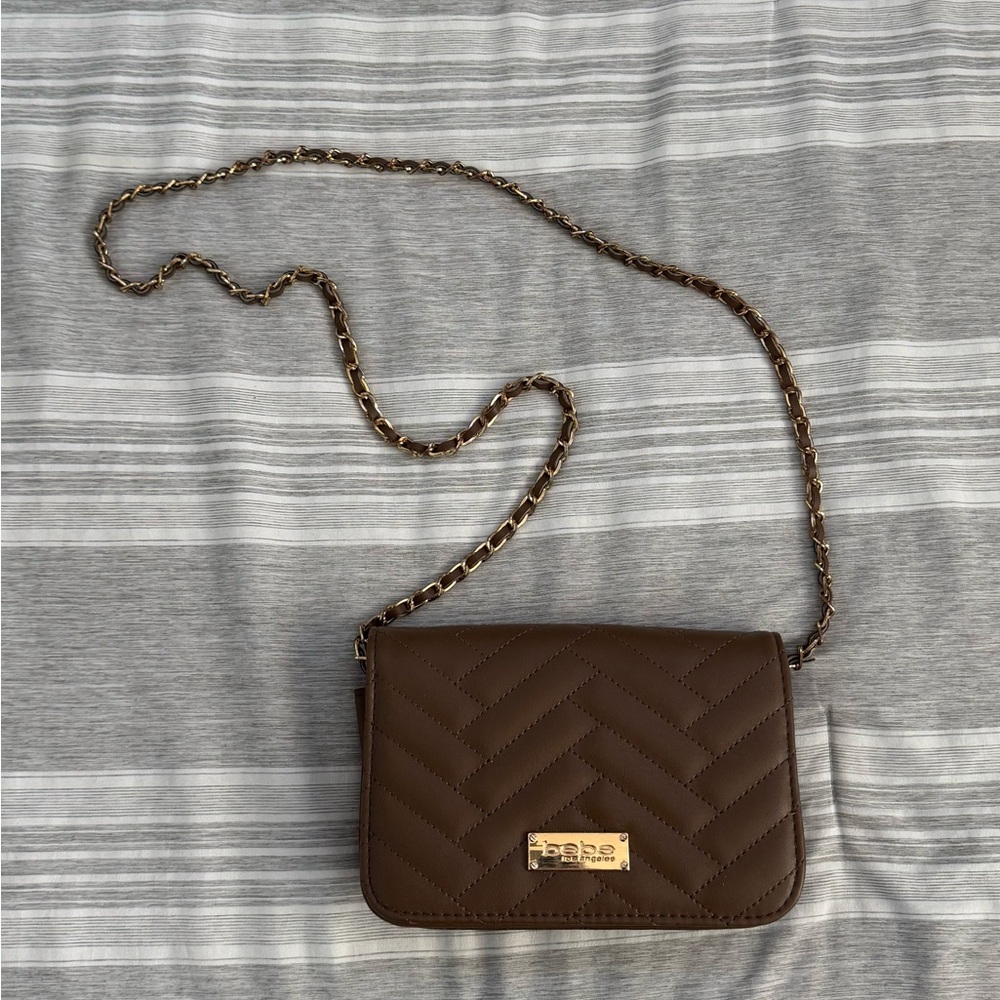 Bebe Brown Leather Crossbody Bag with Adjustable Strap